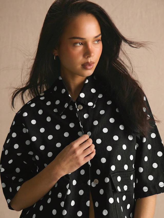 musera polka dot denim oversized retro top