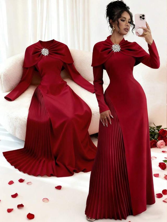 rose red asymmetric pleated shawl collar evening gown