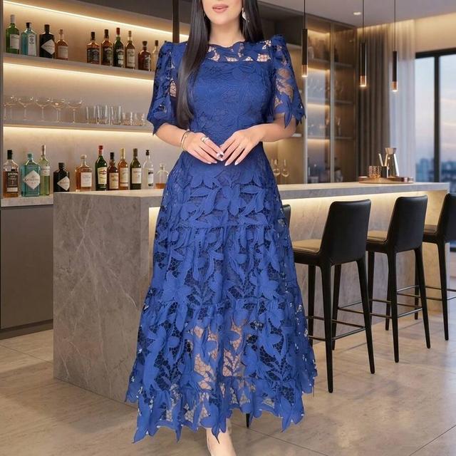royal blue floral lace midi dress with puff sleeves