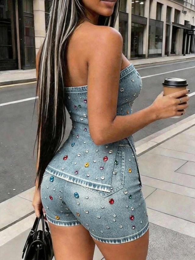 rhinestone embellished denim bandeau top and shorts set