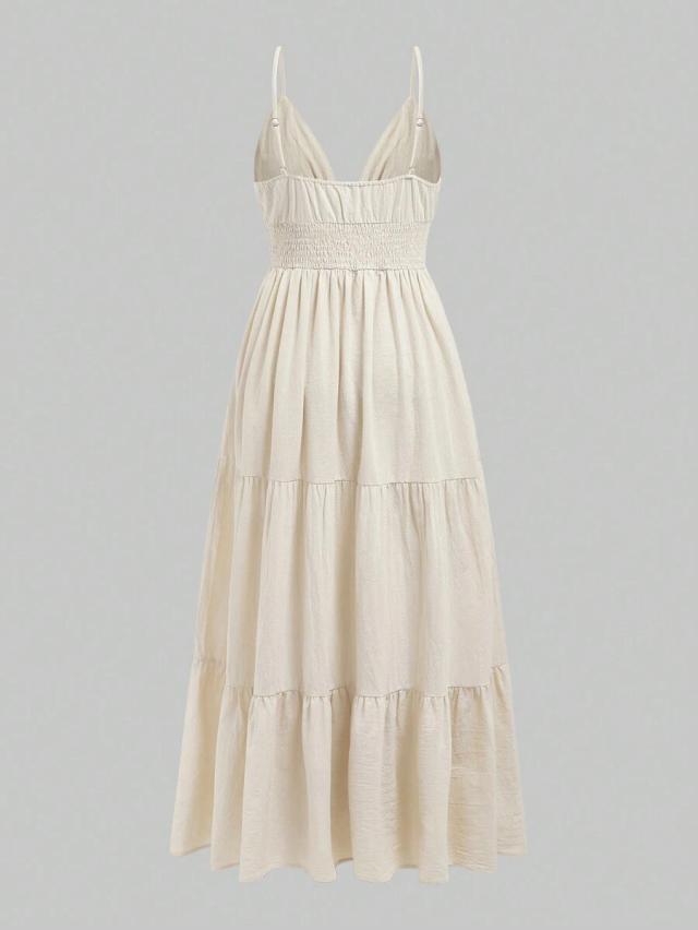beige cotton star embroidery spaghetti strap tiered dress
