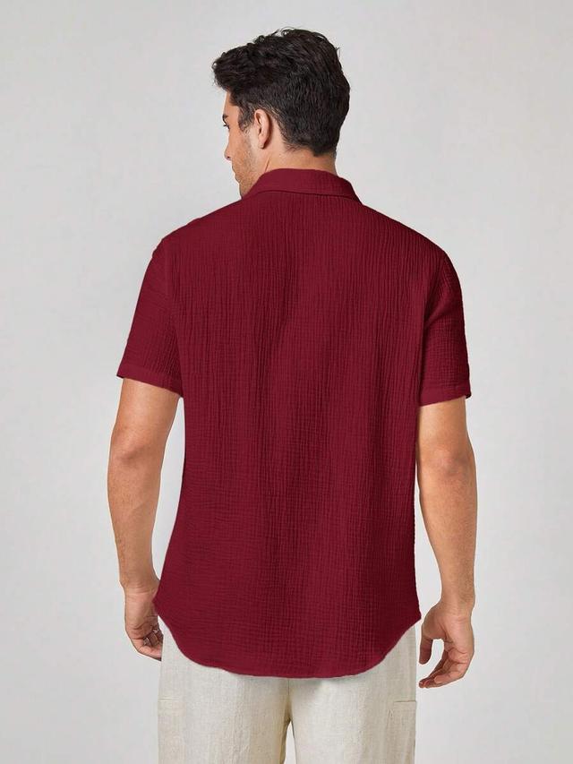 burgundy red cotton woven short sleeve casual shirt