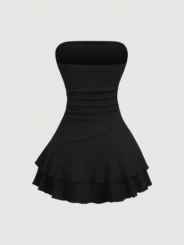 black strapless ruched waist flounce hem mini dress