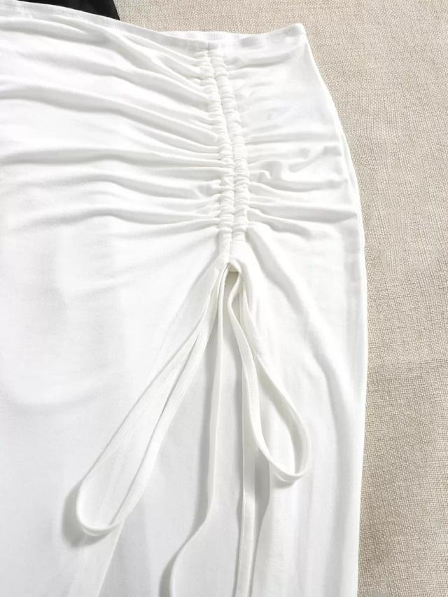 white drawstring split thigh midi skirt