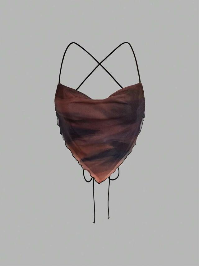 marbled brown three sleeveless mesh cami top with scarf hem