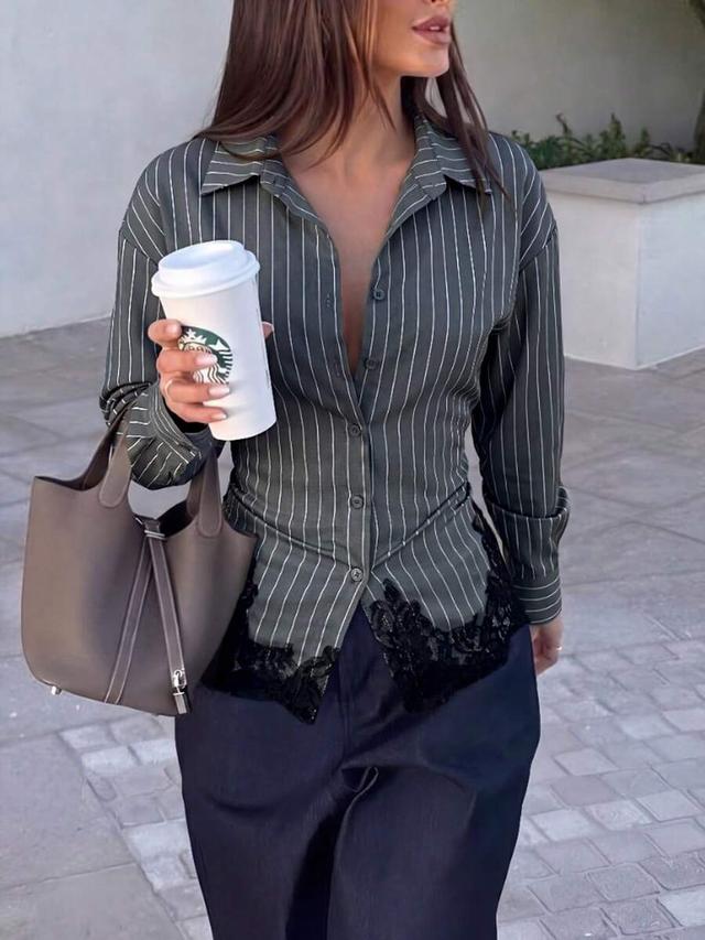 olive grey pinstriped long sleeve shirt with back lace cinching