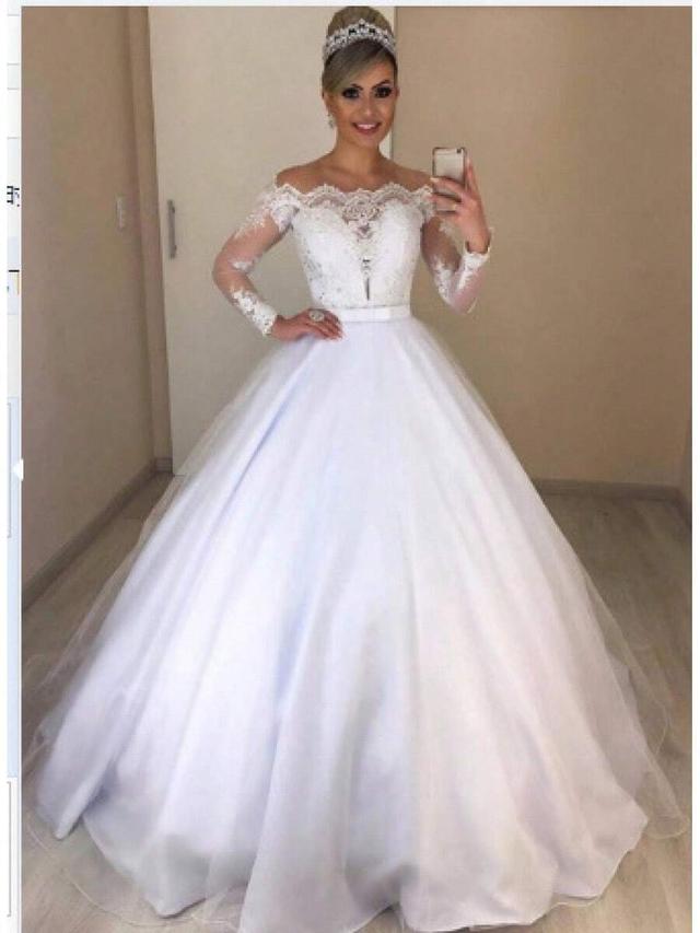 white off-shoulder lace bodice ball gown dress