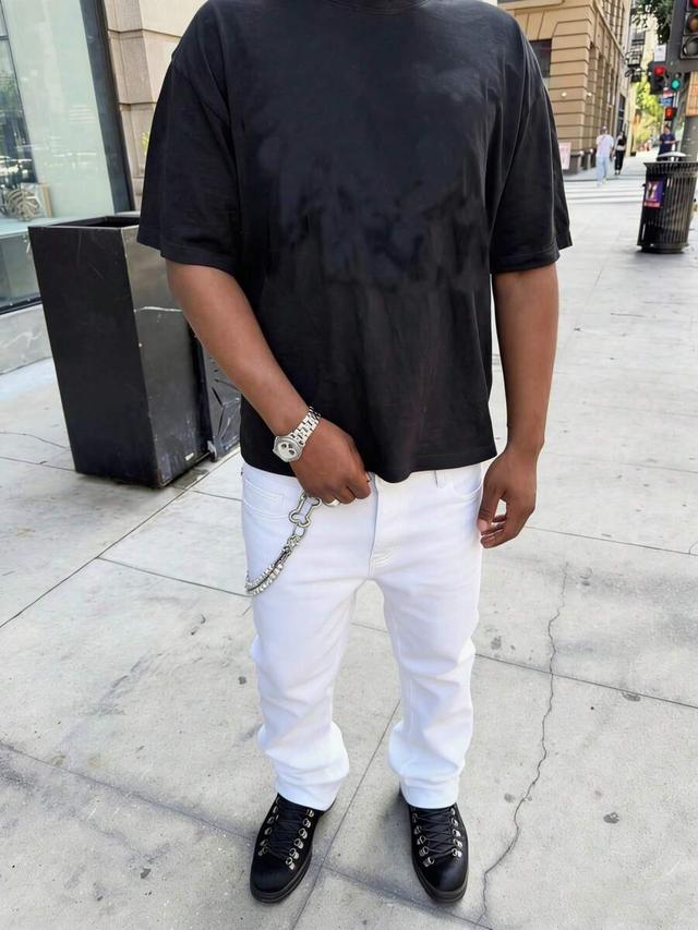 black men's casual versatile solid color white denim jeans