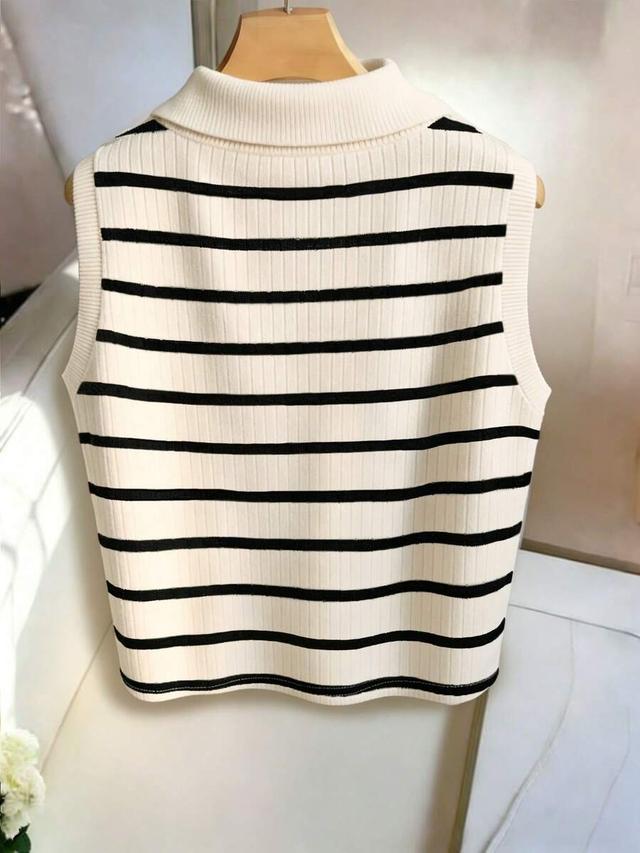 cream casual elegant knitted collared striped vest