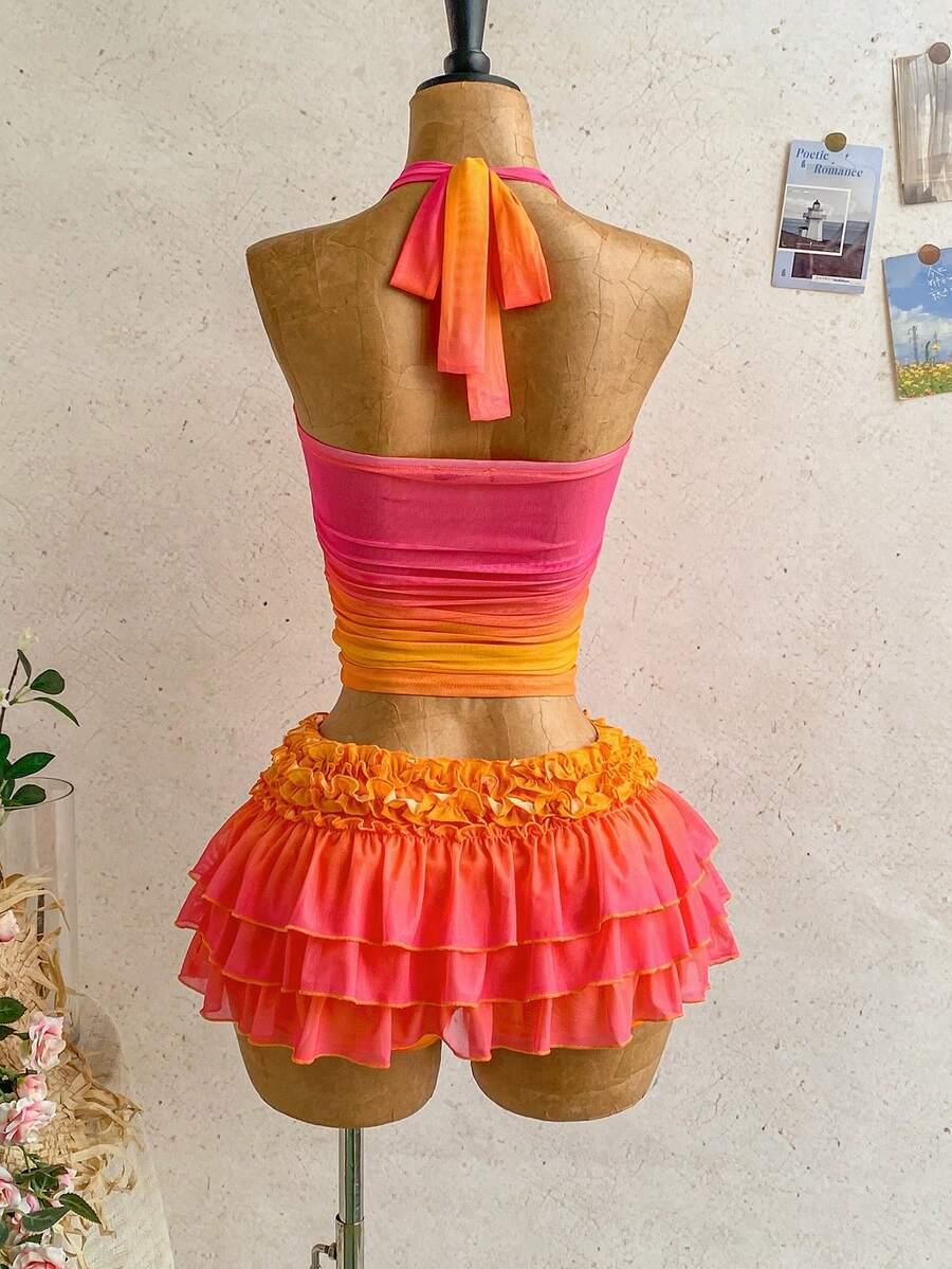 soleia gradient color pleated halter neck tie blouse