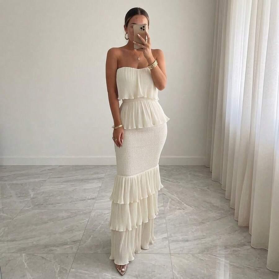 white strapless pleated tiered maxi dress