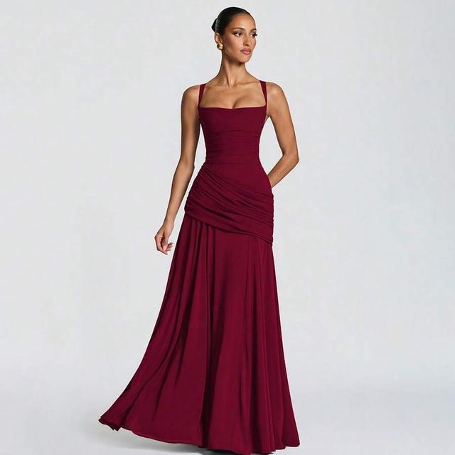 burgundy draped bodice floor length gown