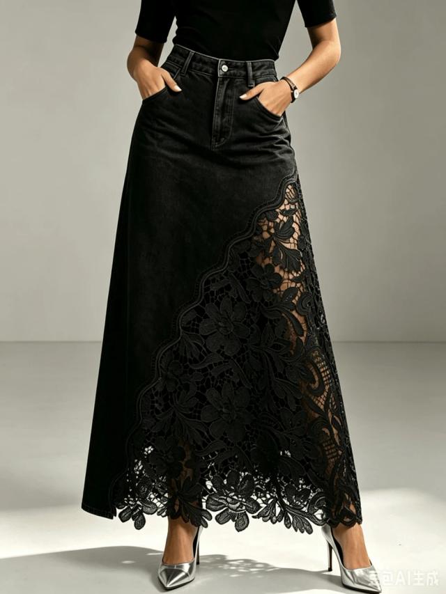 black skirt with floral lace trim inlay