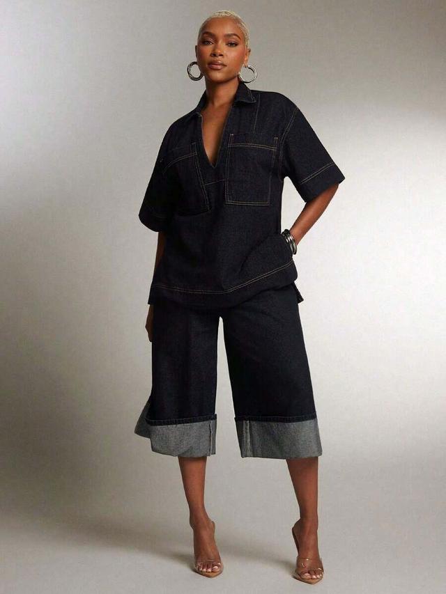 dark blue women's fashionable drop-shoulder loose denim blouse