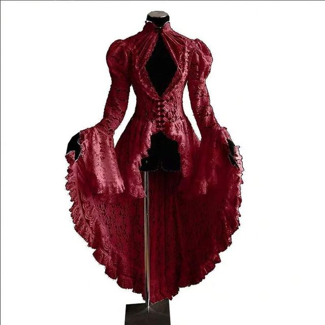 red gothic lace high-low long sleeve dress
