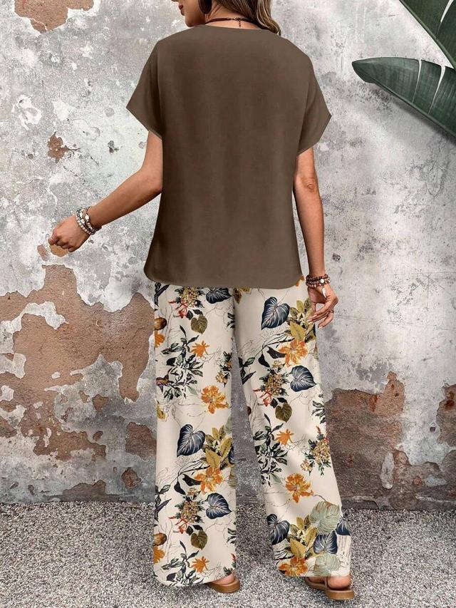 dark brown floral print loose wide leg trousers