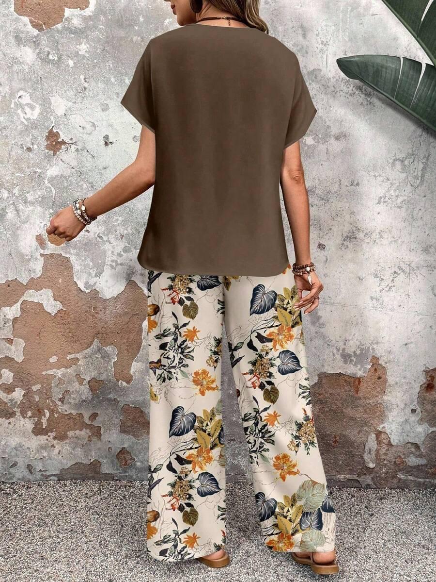 dark brown floral print loose wide leg trousers