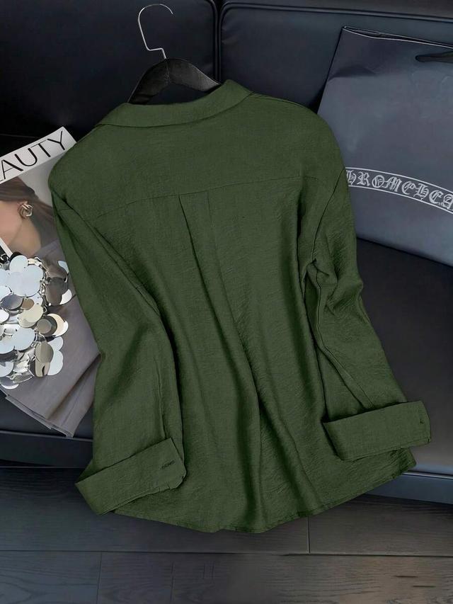 olive green woven lace trim long-sleeved casual shirt