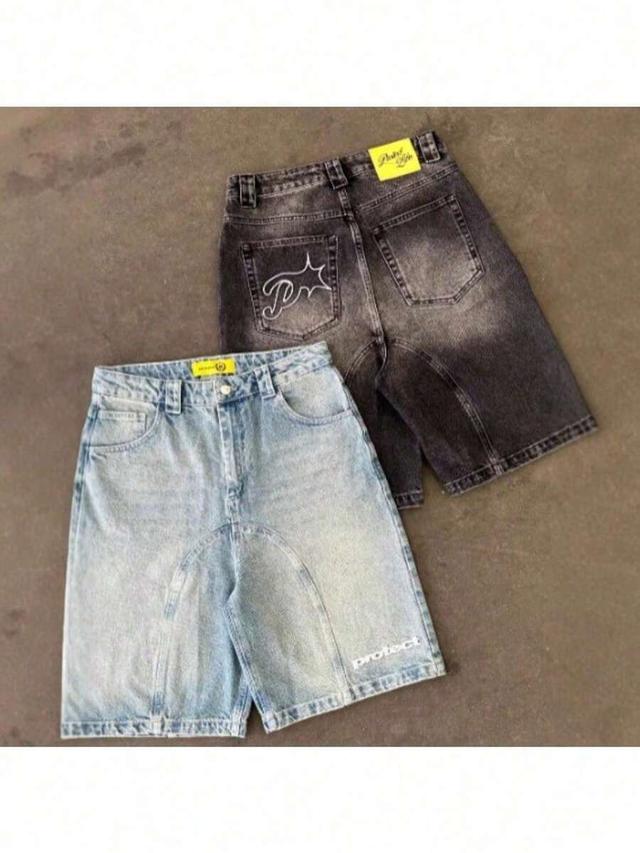 dark grey five-point shorts with embroidery
