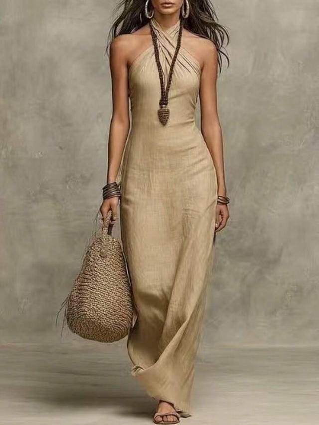 beige halter neck maxi dress in linen blend