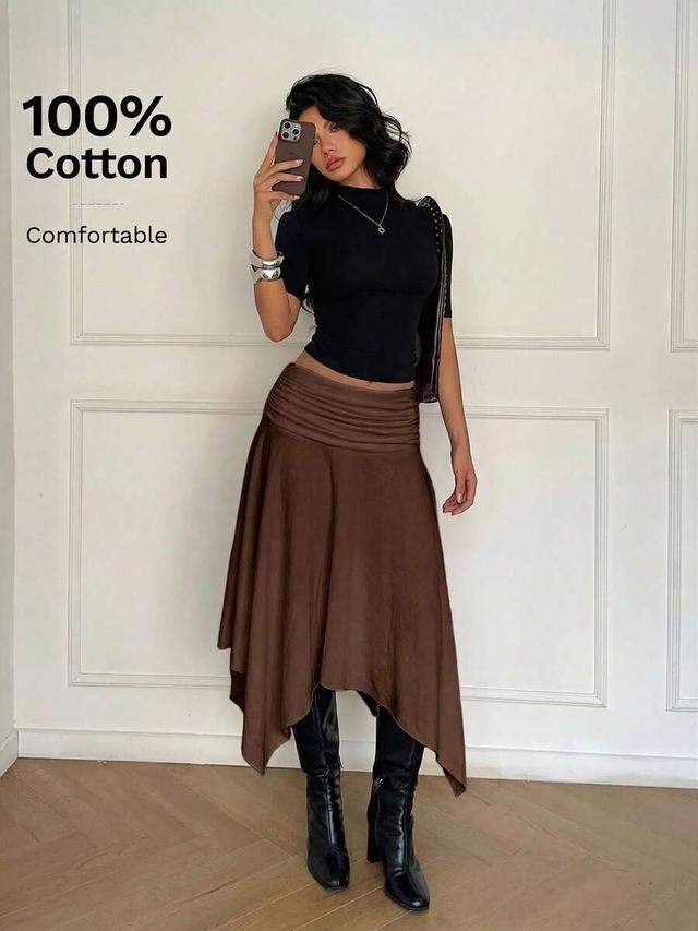 brown cotton asymmetric flared midi skirt