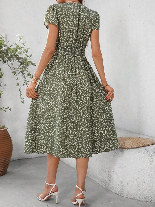 green ditsy floral v-neck ruched midi dress