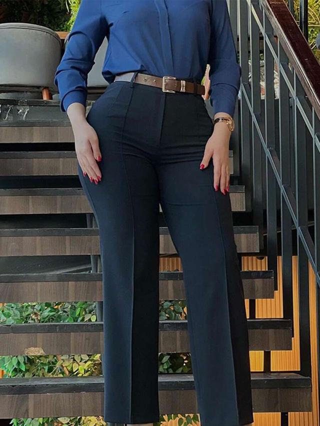 dark blue fashion classic high waist straight leg office pants