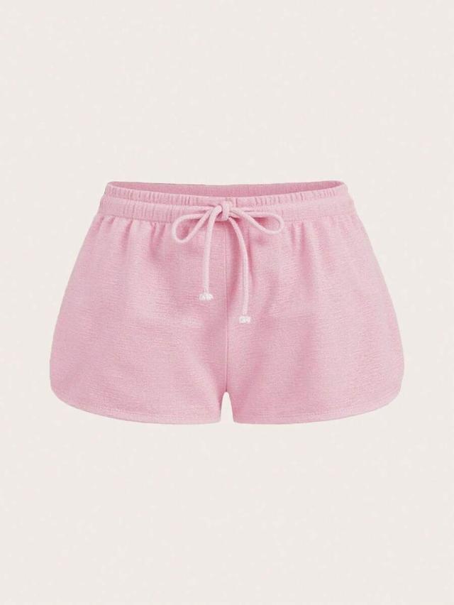 pink casual solid color drawstring elastic waist shorts