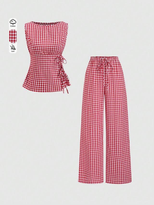 red and white plaid sleeveless blouse and pants set