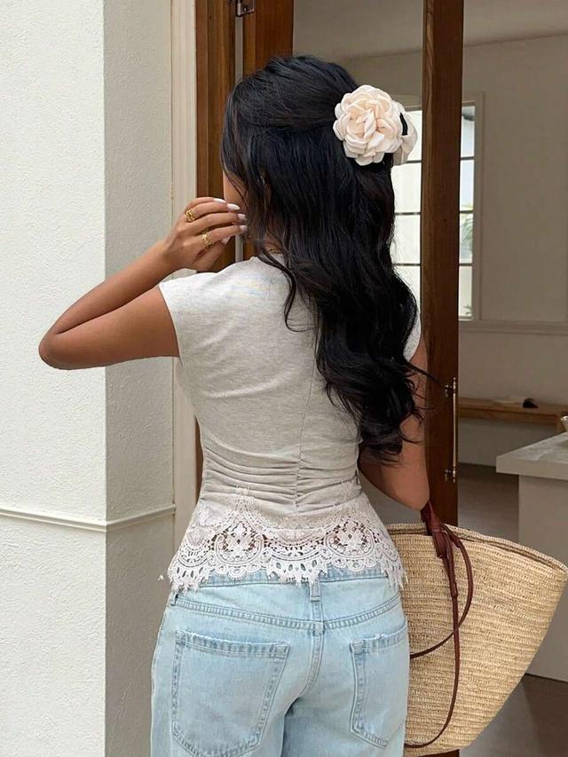 light grey cap sleeve fitted lace trim top