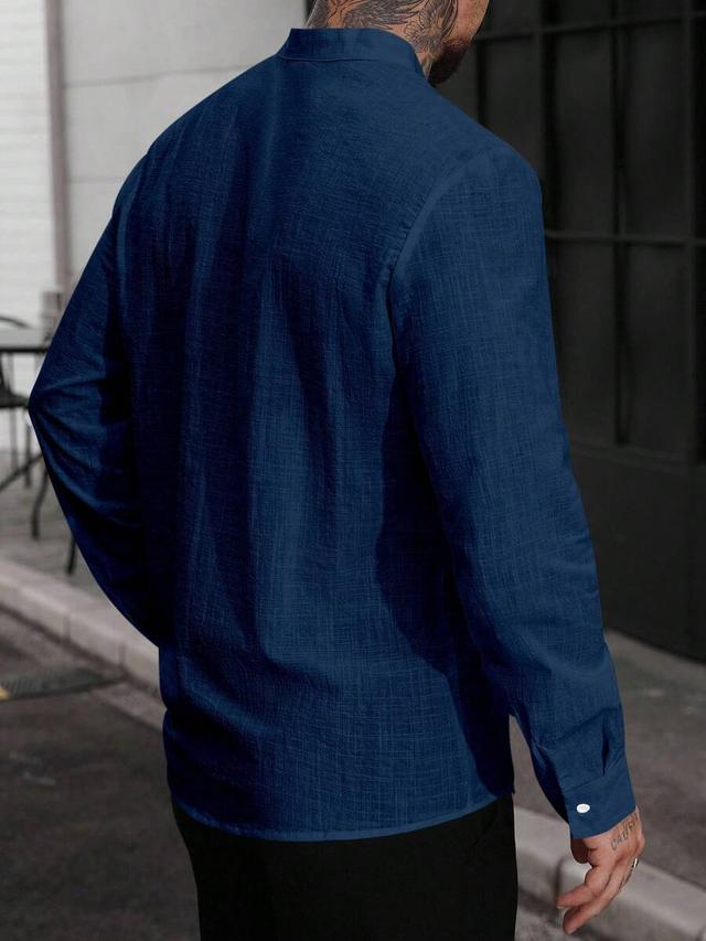 navy blue mandarin collar long sleeve casual shirt