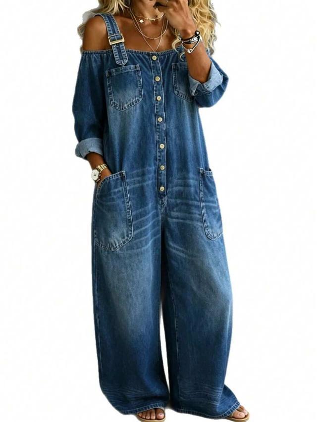 blue fashionable single-button open-back denim suspender trousers