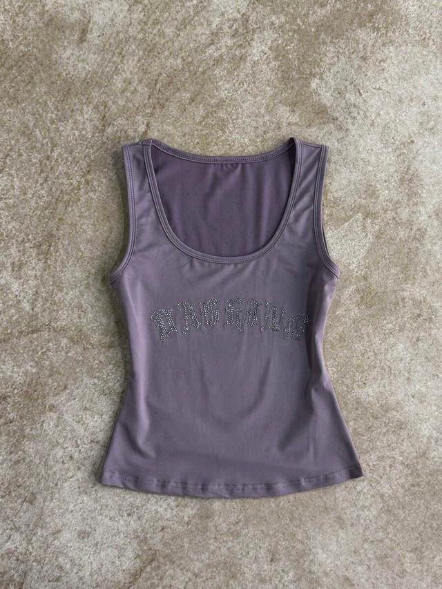 purple u-neck rhinestone letter print camisole