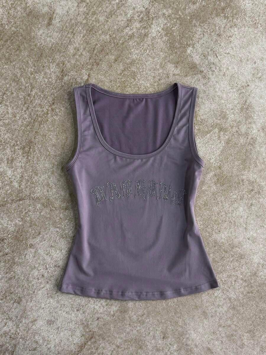 purple u-neck rhinestone letter print camisole