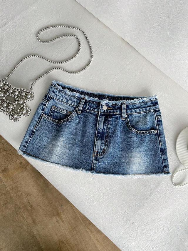 distressed ultra low waist denim mini skirt
