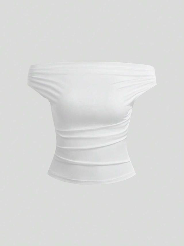 white fitted off shoulder pleated stretch blouse