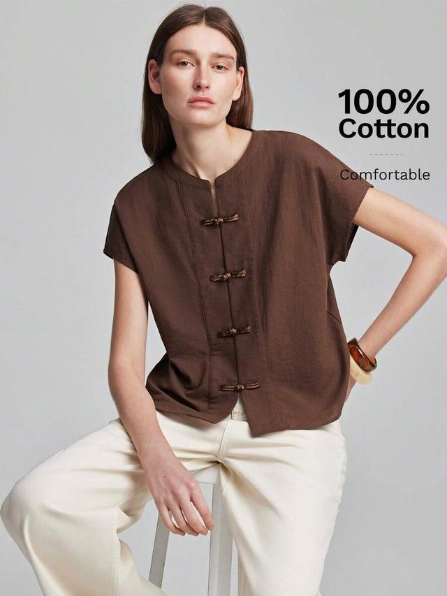brown cotton chinese knot button blouse
