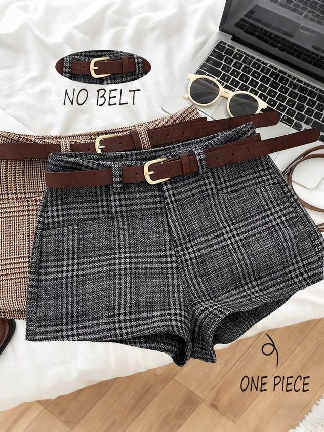 brown plaid retro-chic grey plaid wool high-waisted shorts