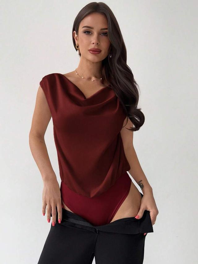 burgundy satin sleeveless cowl neck bodysuit