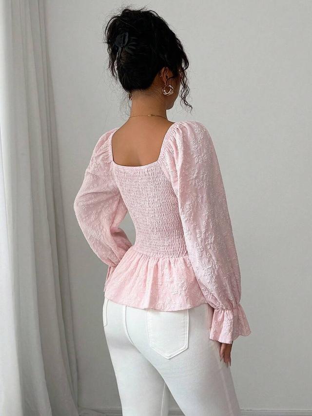 pink jacquard square collar long sleeve peplum blouse