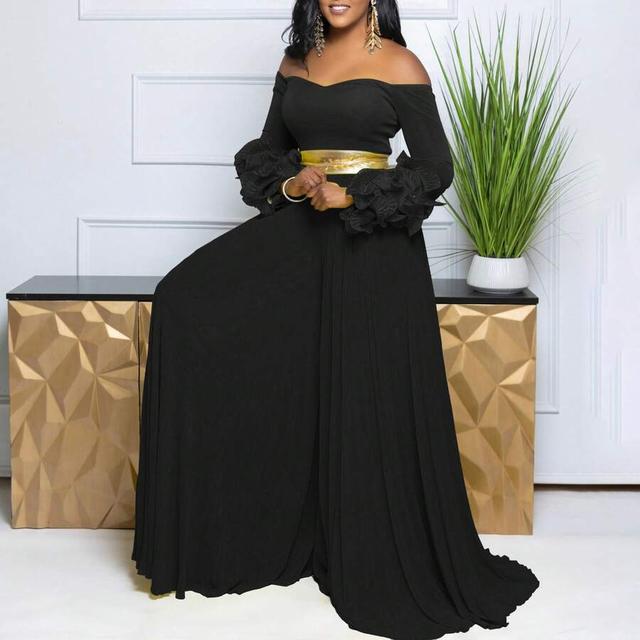 black one-shoulder ruffle sleeve pleated wide-leg jumpsuit