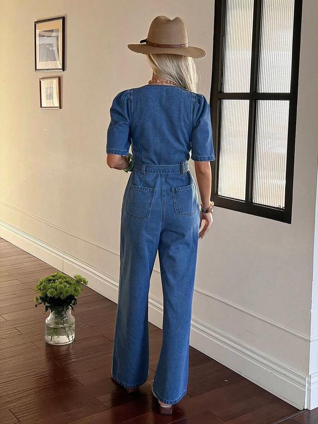 washed denim square collar petal sleeve belted jumpsuit