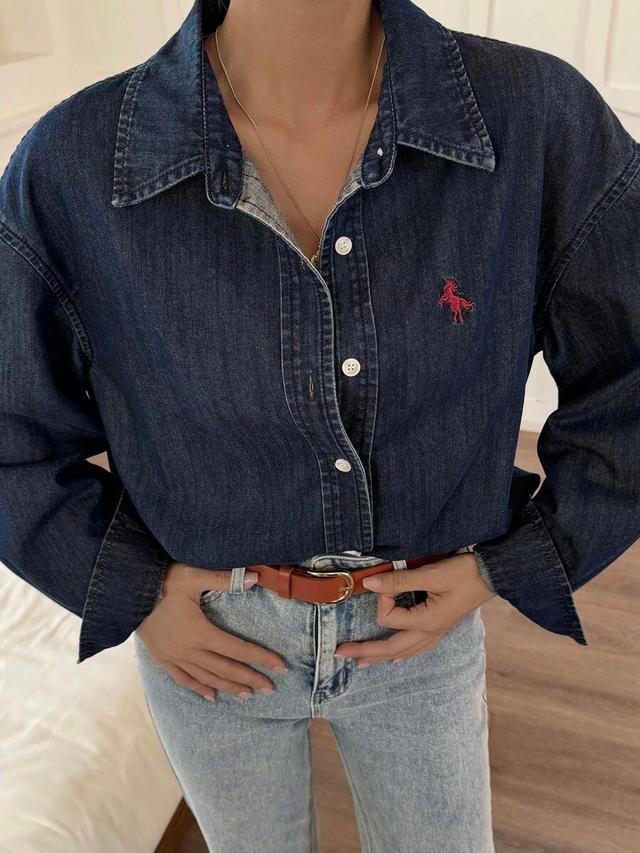 dark wash denim shirt with red horse embroidery