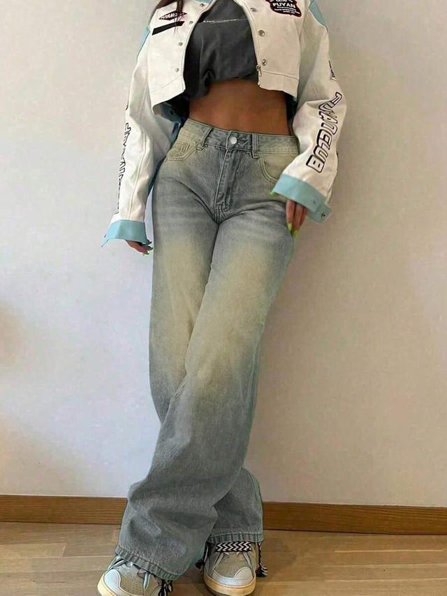 blue vintage wash loose stacked straight-leg jeans