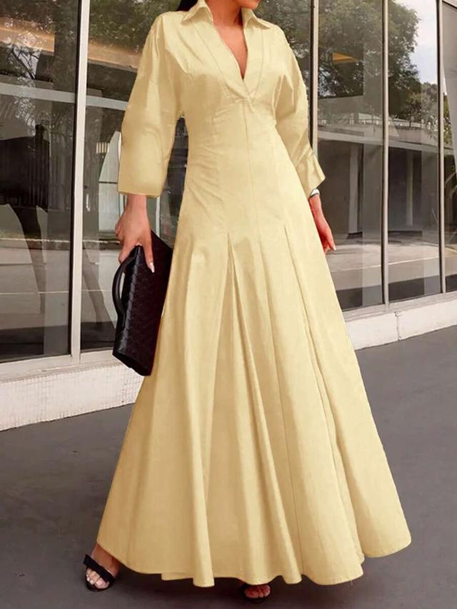 light beige elegant yellow v-neck long sleeve flare hem dress