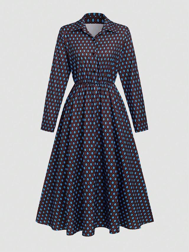 sapphire blue brown geometric print long sleeve shirt dress