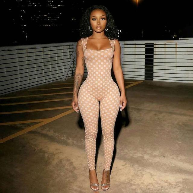 beige square neck backless polka dot stretchy sleeveless jumpsuit