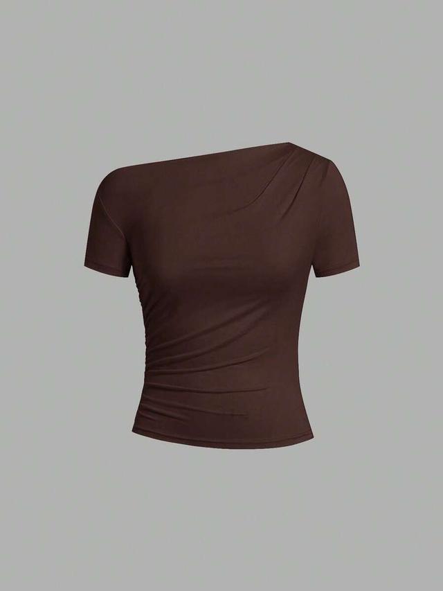 dark brown asymmetrical shoulder short sleeve top