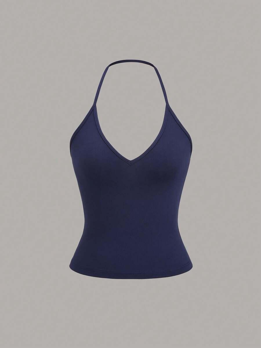 navy casual solid color halter neck tank top set