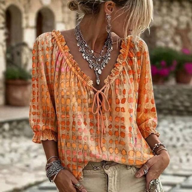orange pink elegant abstract geometric polka dot drawstring ruffle edge top